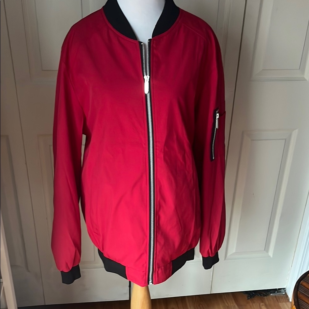Wulful Vibrant Red Bomber Jacket with Black Ribbed Collar